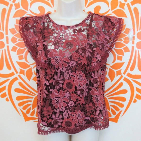 Willow & Clay Tops - Anthropologie Burgandy Lace Floral Blouse XS